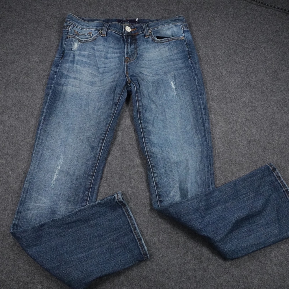 Vigoss London Straight Jeans Medium Wash Distressed Embroidered P2523J Size 7